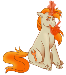 Size: 1231x1398 | Tagged: safe, artist:fizzmitz, imported from derpibooru, oc, oc only, oc:tekkitbeasting, unicorn, derpibooru community collaboration, 2023 community collab, curved horn, ear fluff, emoji, hand, horn, long mane, long tail, magic, magic hands, male, simple background, sitting, solo, stallion, tail, thinking, thinking emoji, transparent background