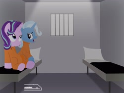 Size: 4096x3072 | Tagged: safe, artist:ponyrailartist, imported from derpibooru, starlight glimmer, trixie, pony, unicorn, bed, clothes, duo, jail, jail cell, jumpsuit, never doubt rainbowdash69's involvement, pillow, prison, prison outfit, prisoner sg, prisoner tx