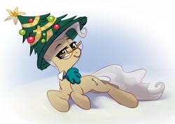 Size: 3216x2296 | Tagged: safe, artist:taneysha, imported from derpibooru, mayor mare, earth pony, pony, christmas, christmas tree, female, glasses, hat, high res, holiday, lying down, mare, simple background, smiling, solo, tree, white background