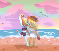 Size: 2300x2000 | Tagged: safe, artist:snowzaaah, imported from derpibooru, applejack, rainbow dash, human, equestria girls, appledash, ass, beach, butt, female, lesbian, rear view, shipping, taking a photo