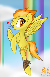 Size: 1552x2396 | Tagged: safe, artist:notadeliciouspotato, imported from derpibooru, spitfire, pegasus, pony, bandage, blowing a kiss, cloud, female, floating heart, flying, heart, looking at you, mare, one eye closed, open mouth, open smile, rainbow waterfall, signature, smiling, solo, spread wings, wings, wink