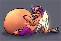 Size: 4252x2835 | Tagged: safe, alternate version, artist:sadfloorlamp, imported from derpibooru, part of a set, sunny starscout, alicorn, pony, :p, abdominal bulge, abstract background, alicornified, artificial horn, artificial wings, augmented, belly, big belly, braid, braided ponytail, colored, commission, ear fluff, eye clipping through hair, eyelashes, female, frame, g5, glowing, glowing horn, glowing wings, high res, hoof fluff, hoof on belly, horn, huge belly, implied death, implied digestion, implied vore, impossibly large belly, leaning back, licking, licking lips, lightly watermarked, long mane, magic, magic horn, magic wings, mare, multicolored hair, partially open wings, ponytail, race swap, rainbow hair, raised leg, satisfied, shading, shadow, signature, sitting, slim, smiling, solo, stuffed, stuffed belly, stuffing, sunnycorn, thin, tongue out, underhoof, unshorn fetlocks, watermark, wings, ych result