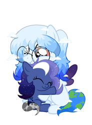 Size: 1369x1857 | Tagged: safe, artist:be_yourself, imported from derpibooru, oc, oc:altersmay earth, oc:moony nightly, pegasus, pony, derpibooru community collaboration, 2023 community collab, baby, baby pony, cloud, colored wings, cute, duo, duo female, eyes closed, female, filly, foal, glasses, grin, heterochromia, looking down, planet ponies, ponified, simple background, smiling, transparent background, wings