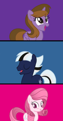 Size: 1577x3005 | Tagged: safe, artist:tanahgrogot, imported from derpibooru, oc, oc only, oc:annisa trihapsari, oc:ghostpony, oc:princess kincade, alicorn, earth pony, pony, blue background, cute, eyes closed, female, group, happy, looking at you, magenta background, male, mare, ocbetes, open mouth, purple background, simple background, smiling, smiling at you, stallion, trio