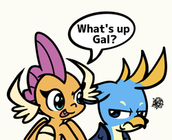 Size: 1256x1020 | Tagged: safe, artist:derp pone, derpibooru exclusive, imported from derpibooru, gallus, smolder, dragon, griffon, duo, duo male and female, female, male, simple background, teasing, unamused