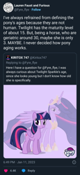 Size: 768x1670 | Tagged: safe, imported from derpibooru, twilight sparkle, alicorn, pony, the last problem, crown, female, jewelry, lauren faust, mare, meta, older, older twilight, princess twilight 2.0, regalia, self paradox, self ponidox, twilight sparkle (alicorn), twitter, word of faust