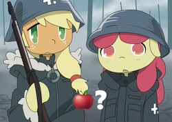 Size: 1695x1200 | Tagged: safe, artist:pony quarantine, imported from derpibooru, apple bloom, applejack, earth pony, pony, anime style, apple, apple sisters, clothes, duo, female, filly, floppy ears, foal, food, girls' last tour, gun, helmet, jacket, mare, no pupils, question mark, rifle, shoujo shuumatsu ryokou, siblings, sisters, weapon