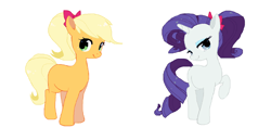 Size: 1200x620 | Tagged: safe, artist:cheesesauce_45, imported from derpibooru, applejack, rarity, earth pony, pony, unicorn, alternate hairstyle, bow, cute, duo, hair bow, jackabetes, missing cutie mark, raribetes, simple background, white background