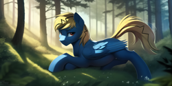 Size: 4096x2048 | Tagged: safe, imported from derpibooru, oc, oc only, oc:thunder lightning, pegasus, pony, ai content, ai generated, crepuscular rays, depth of field, forest, forest background, lighting, looking at you, male, pegasus oc, shading, solo