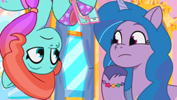 Size: 1280x721 | Tagged: safe, edit, edited screencap, imported from derpibooru, screencap, izzy moonbow, earth pony, pony, unicorn, spoiler:g5, spoiler:my little pony: tell your tale, spoiler:tyts01e27, all that jazz, bracelet, confused, duo, duo female, female, g5, hoof polish, jazz hooves, jewelry, mare, my little pony: tell your tale, phone, raised hoof, random, shocked, silly, silly pony, upside down