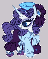 Size: 878x1080 | Tagged: safe, artist:justsadluna, imported from derpibooru, rarity, pony, unicorn, clothes, dress, female, gray background, hat, looking back, mare, purse, simple background, solo