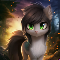 Size: 2560x2560 | Tagged: safe, imported from derpibooru, cat, cat pony, original species, ai content, ai generated, chest fluff, cute, ear fluff, forest, outdoors, smiling, solo