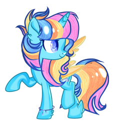 Size: 2048x2048 | Tagged: safe, artist:harmonyvitality-yt, imported from derpibooru, oc, oc only, oc:rainbow magical dash, alicorn, pony, alicorn oc, base used, bracelet, female, horn, jewelry, looking back, magical lesbian spawn, mare, offspring, parent:rainbow dash, parent:twilight sparkle, parents:twidash, raised hoof, simple background, smiling, solo, transparent background, wings