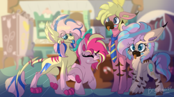 Size: 1453x811 | Tagged: safe, artist:brybrychan, imported from derpibooru, oc, oc only, oc:blueberry pie, oc:lemon-meringue pie, oc:sugar-cream pie, oc:zap-apple pie, earth pony, hybrid, pony, :p, earth pony oc, eyes closed, female, indoors, interspecies offspring, kitchen, male, mare, necktie, offspring, parent:oc:rhys, parent:pinkie pie, parents:canon x oc, siblings, signature, smiling, stallion, sugarcube corner, tongue out, unshorn fetlocks