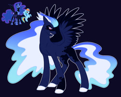 Size: 1024x820 | Tagged: safe, artist:purplegrim40, imported from derpibooru, nightmare moon, rainbow dash, oc, alicorn, pegasus, pony, black background, female, frown, magical lesbian spawn, male, mare, offspring, parent:nightmare moon, parent:rainbow dash, pegasus oc, simple background, stallion