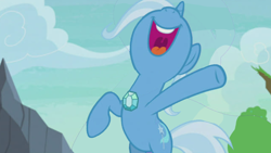 Size: 1000x563 | Tagged: safe, edit, edited screencap, imported from derpibooru, screencap, trixie, pony, unicorn, season 7, to change a changeling, bipedal, brooch, clothes edit, cloud, female, gem, jewelry, looking up, mare, open mouth, raised hoof, random, rearing, silly, sky, smiling, solo, trixie's brooch