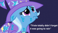 Size: 1000x563 | Tagged: safe, edit, edited screencap, imported from derpibooru, screencap, trixie, pony, unicorn, magic duel, season 3, blatant lies, cape, clothes, cute, dialogue, diatrixes, female, floppy ears, frown, gem, hat, looking up, mare, oops, pouting, sad, silly, silly pony, solo, text, trixie's cape, trixie's hat, water droplet, wet