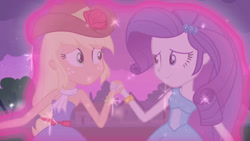 Size: 3072x1727 | Tagged: safe, imported from derpibooru, screencap, applejack, rarity, human, equestria girls, equestria girls (movie), bare shoulders, clothes, cowboy hat, dress, duo, duo female, fall formal outfits, female, hairpin, hat, holding hands, implied lesbian, implied rarijack, implied shipping, looking at each other, looking at someone, night, sleeveless, sleeveless dress, smiling, smiling at each other, strapless