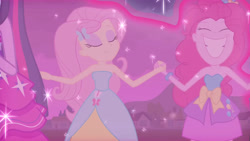 Size: 3072x1727 | Tagged: safe, imported from derpibooru, screencap, fluttershy, pinkie pie, twilight sparkle, human, equestria girls, equestria girls (movie), bare shoulders, clothes, dress, duo focus, eyes closed, fall formal outfits, female, grin, hairpin, holding hands, legs, night, offscreen character, skirt, sleeveless, sleeveless dress, smiling, strapless, twilight ball dress