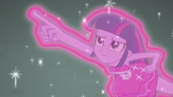 Size: 3072x1727 | Tagged: safe, imported from derpibooru, screencap, twilight sparkle, human, equestria girls, equestria girls (movie), armpits, arms in the air, bare shoulders, clothes, dress, fall formal outfits, female, hands in the air, legs, night, pointing, skirt, sleeveless, sleeveless dress, smiling, solo, strapless, twilight ball dress