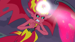 Size: 3072x1727 | Tagged: safe, imported from derpibooru, screencap, sunset shimmer, human, equestria girls, equestria girls (movie), bare shoulders, big crown thingy, element of magic, female, flying, jewelry, night, regalia, sleeveless, solo, spread wings, strapless, sunset satan, wings