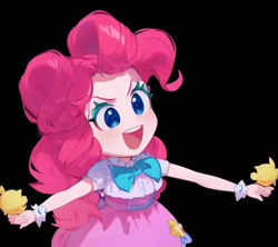 Size: 576x512 | Tagged: safe, editor:luckreza8, imported from derpibooru, pinkie pie, human, equestria girls, >:d, ai content, ai generated, anime, black background, cupcake, female, food, generator:pinegraph, simple background, solo
