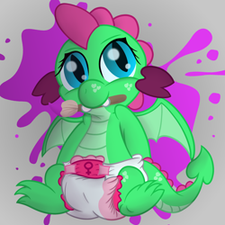 Size: 2200x2200 | Tagged: safe, artist:sweetielover, imported from derpibooru, oc, oc only, oc:goldigony, dragon, cute, daaaaaaaaaaaw, diabetes, diaper, dragon oc, dragoness, female, high res, non-pony oc, ocbetes, paintbrush, pink diaper, simple background, solo, spread wings, stain, wings