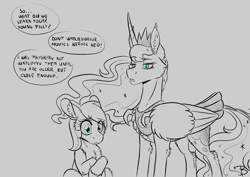 Size: 1114x790 | Tagged: safe, artist:inuhoshi-to-darkpen, imported from derpibooru, princess luna, oc, alicorn, pony, claws, crown, duo, ear fluff, epilogue, folded wings, height difference, hunter, jewelry, monochrome, nightmare, open mouth, regalia, simple background, slim, sternocleidomastoid, thin, white background, wing claws, wings