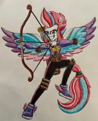 Size: 2456x3046 | Tagged: safe, artist:bozzerkazooers, imported from derpibooru, zipp storm, human, equestria girls, arrow, bow (weapon), bow and arrow, equestria girls-ified, g5, ponied up, solo, traditional art, weapon