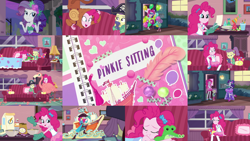 Size: 1280x722 | Tagged: safe, editor:quoterific, imported from derpibooru, gummy, pinkie pie, rarity, human, equestria girls, equestria girls series, pinkie sitting, collage, lily pad (g4), pinkie being pinkie