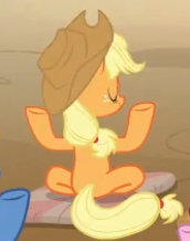 Size: 172x218 | Tagged: safe, edit, edited screencap, imported from derpibooru, screencap, applejack, earth pony, pony, a rockhoof and a hard place, applejack's hat, cowboy hat, cropped, hat, lotus position, solo focus