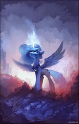 Size: 1870x2925 | Tagged: safe, artist:ramiras, imported from derpibooru, princess luna, alicorn, pony, city, fanfic, fanfic art, fanfic cover, female, glowing, glowing horn, horn, magic, mare, peytral, slim, solo, spread wings, thin, wings