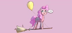 Size: 3245x1489 | Tagged: safe, artist:haku nichiya, imported from derpibooru, pinkie pie, earth pony, pony, balloon, broom, dialogue, female, happy, mare, open mouth, open smile, pinkie being pinkie, smiling, solo