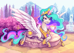 Size: 2283x1614 | Tagged: safe, artist:eiolf, imported from derpibooru, princess celestia, alicorn, pony, beautiful, concave belly, crown, cup, cushion, ethereal mane, ethereal tail, female, food, fountain, g4, garden, glowing, glowing horn, hoof shoes, horn, jewelry, levitation, lidded eyes, long mane, magic, mare, mountain, outdoors, peytral, pillow, princess shoes, prone, reclining, regalia, relaxing, slim, smiling, solo, spread wings, tail, tea, tea time, teacup, telekinesis, thin, tree, wings