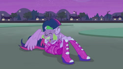 Size: 3072x1727 | Tagged: safe, imported from derpibooru, screencap, spike, twilight sparkle, alicorn, dog, human, equestria girls, equestria girls (movie), :p, boots, cute, duo, duo male and female, eyes closed, fall formal outfits, female, hug, male, night, ponied up, shoes, smiling, spikabetes, spike the dog, tongue out, twiabetes, twilight ball dress, twilight sparkle (alicorn)
