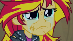 Size: 3072x1727 | Tagged: safe, imported from derpibooru, screencap, sunset shimmer, human, equestria girls, equestria girls (movie), clothes, crying, cute, female, frown, jacket, leather, leather jacket, sad, sadorable, shimmerbetes, solo