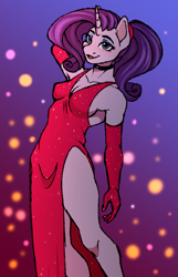 Size: 1187x1843 | Tagged: safe, artist:vetta, imported from derpibooru, rarity, anthro, pony, unicorn, breasts, choker, cleavage, clothes, dress, female, gloves, gradient background, red dress, solo