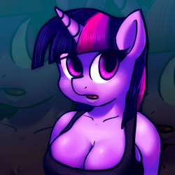 Size: 1800x1800 | Tagged: safe, artist:rainbrony, imported from derpibooru, twilight sparkle, anthro, unicorn, bare shoulders, big breasts, breasts, busty twilight sparkle, cleavage, clothes, tanktop, zoom layer