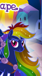 Size: 173x314 | Tagged: safe, imported from derpibooru, rainbow dash, pegasus, pony, corrupted, cropped, english, female, gameloft, implied ape, jewelry, mare, meme, mobile game, my little pony: magic princess, nightmare rainbow dash, nightmarified, official, regalia, solo, text, wings, wow! glimmer