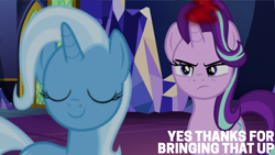 Size: 4400x2475 | Tagged: safe, edit, edited screencap, editor:quoterific, imported from derpibooru, screencap, starlight glimmer, trixie, pony, unicorn, all bottled up, anger magic, annoyed, duo, duo female, eyes closed, female, frown, irritated, magic, mare, smiling, starlight glimmer is not amused, twilight's castle, unamused, unaware