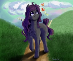 Size: 4800x4000 | Tagged: safe, artist:twivela, imported from derpibooru, oc, oc only, butterfly, firefly (insect), insect, pony, chest fluff, cloud, female, grass, hill, mare, path, smiling, solo