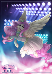 Size: 800x1132 | Tagged: safe, artist:nuumia, imported from derpibooru, fluttershy, pegasus, pony, clothes, cute, dress, eyes closed, female, flying, happy, mare, open mouth, open smile, shyabetes, smiling, solo, sweet dreams fuel