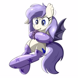 Size: 3000x3000 | Tagged: safe, artist:trackheadtherobopony, imported from derpibooru, oc, oc only, oc:star violet, bat pony, clothes, food, grapes, simple background, socks, solo, white background