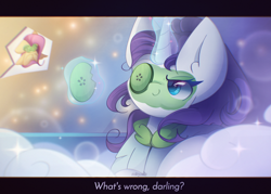 Size: 2100x1500 | Tagged: safe, artist:miryelis, imported from derpibooru, fluttershy, rarity, pegasus, pony, unicorn, bathrobe, bite mark, bubble, clothes, cucumber, darling, ear cleavage, food, glowing, glowing horn, herbivore, horn, magic, magic aura, mask, mud mask, robe, smiling, spa, telekinesis, text, water