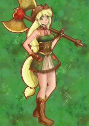 Size: 1401x1986 | Tagged: safe, artist:sydbees, imported from derpibooru, applejack, human, abstract background, axe, female, humanized, magical girl, solo, tail, tailed humanization, weapon