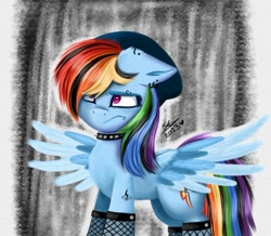 Size: 1248x1087 | Tagged: safe, artist:galaxy swirl, imported from derpibooru, rainbow dash, pegasus, pony, choker, clothes, emo, emodash, fishnets, hat, makeup, simple background, solo