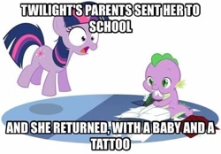 Size: 716x499 | Tagged: safe, artist:queencold, edit, imported from derpibooru, spike, twilight sparkle, dragon, pony, unicorn, baby, baby dragon, baby spike, bibliovore, book, caption, context is for the weak, duo, eating, female, filly, filly twilight sparkle, foal, impact font, jumping, meme, paper, pica, shocked, simple background, text, the horror, unfortunate implications, unicorn twilight, white background, younger