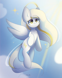 Size: 1900x2400 | Tagged: safe, artist:miryelis, imported from derpibooru, oc, oc:gold.de, pegasus, pony, angelic, cloud, cute, flying, full body, halo, long hair, sky, solo, sparkles