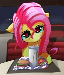 Size: 2480x2912 | Tagged: safe, artist:solid shrimp, imported from derpibooru, fluttershy, pegasus, pony, burger, drink, drinking, drinking straw, female, food, french fries, from under brows, head tilt, high res, indoors, looking at you, looking up, looking up at you, mare, mcdonald's, solo, straw, stray strand