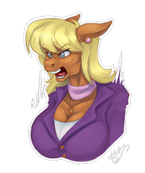 Size: 1308x1562 | Tagged: safe, artist:skuttz, imported from derpibooru, ms. harshwhinny, anthro, earth pony, angry, big breasts, blonde, blonde hair, blouse, breasts, busty ms. harshwhinny, cleavage, clothes, ear piercing, female, floppy ears, jacket, open mouth, piercing, scarf, simple background, solo, teeth, transparent background, yelling